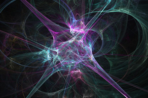 An abstract fractal design over a dark background that represents an active nerve cell..